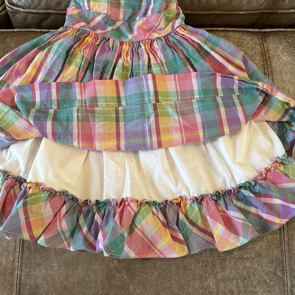 Ralph Lauren Girls Madras Plaid Party Dress Tiered Ruffle Cotton Sz 5